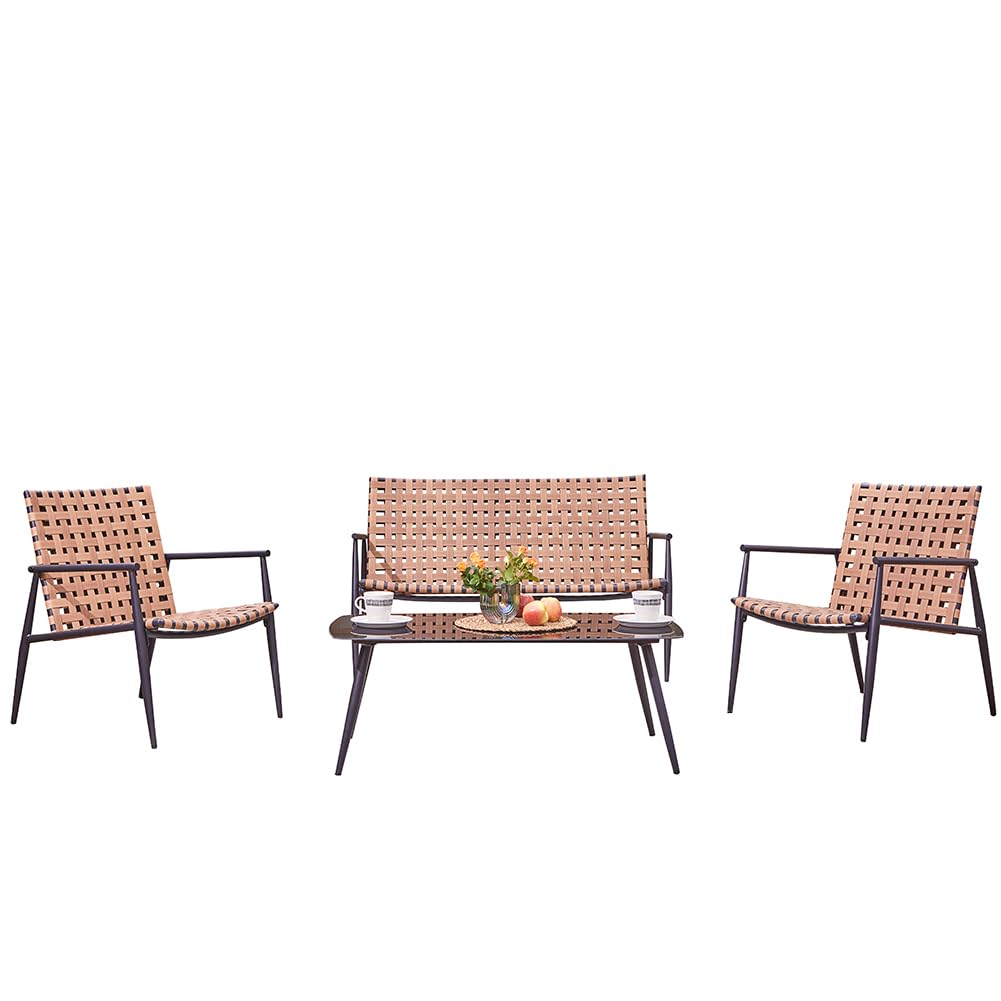 Shally Dogan Set Patio 4 Pezzi da Giardino con Seduta Design Intrecciato in Polyrattan e Tavolo con Piano Vetro, Salotto da Esterno, Salottino per Bar, Ristorante, Patio, Bistrot, Terrazzo (4 Posti)