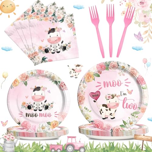 Hombae Moo Moo Im Two Birthday Supplies Tableware Set, Moo Moo Im Two Party Decorations, 2nd Birthday Decorations Girl, Pink Cow Second Theme Plates Napkins Forks Serves for 24 Guests