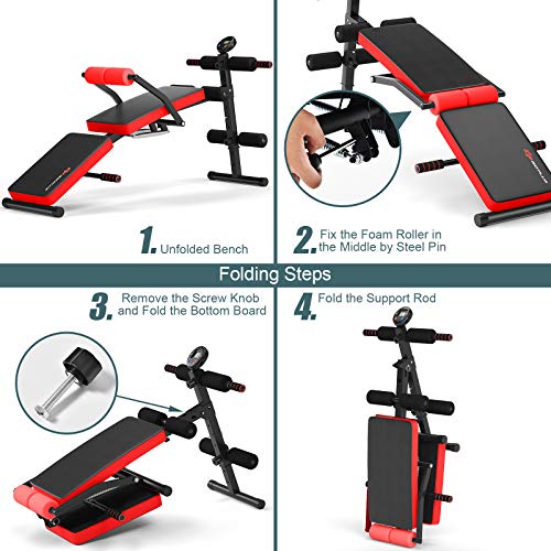 Goplus Adjustable Sit Up Bench, Foldable Utility Weight Bench w/LCD Monitor Flat/Incline/Decline Exercise Multi-Purpose Bench for Home, Gym and Office (Red)