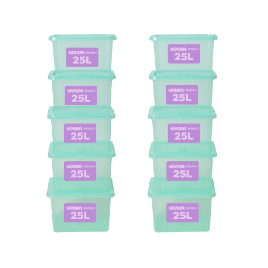 Wham Plastic Storage Boxes With Lids Home Office Stackable Nestable Container Box, 25L Easy fit Underbed Protective Storage Box, 42.5 x 33 x 25.5 cm - Tint Spearmint (Set of 10)