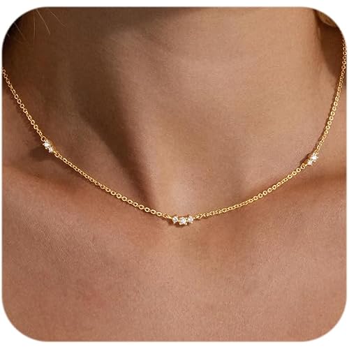 Gold Necklace for Women Dainty 14k Gold Plated Silver CZ Diamond Thin Choker Necklace Trendy Small Layering Chain for Women Non Tarnish Free Womens Simple Waterproof Jewelry 14 16 18inch
