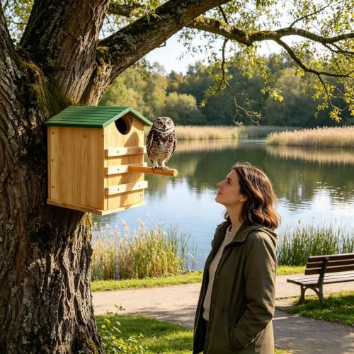 Refugio para búhos de 35,5x25,4 cm en madera impermeable con posadero para árboles de jardín 3