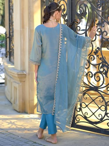 Image of INDO ERA Women's Silk Blend Embroidered Straight Kurta and Pant with Dupatta Set (KH9BK6210)