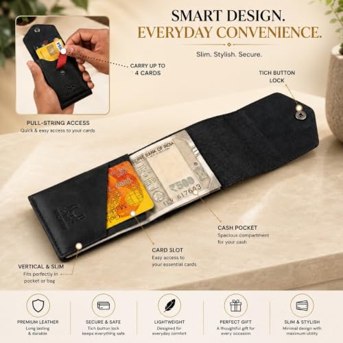 Image of WILDMAN Flip Genuine Leather Vertical Slim Wallet for Men and Women | Pull-String Quick Card Access | Compact Front Cash Pocket & Button Lock | Minimalist Travel & Daily Carry Wallet(Black)