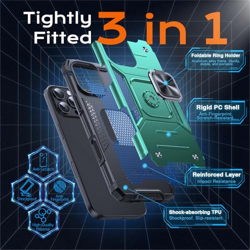 Image of Anqrp Heavy Duty Case for iPhone 16 Pro Case with Enhanced Ring Holder Grip Stand, Military Grade Shockproof Rugged Drop Protective Silicone Hard Slim iPhone 16 Pro Phone Case Cover,Forest Green
