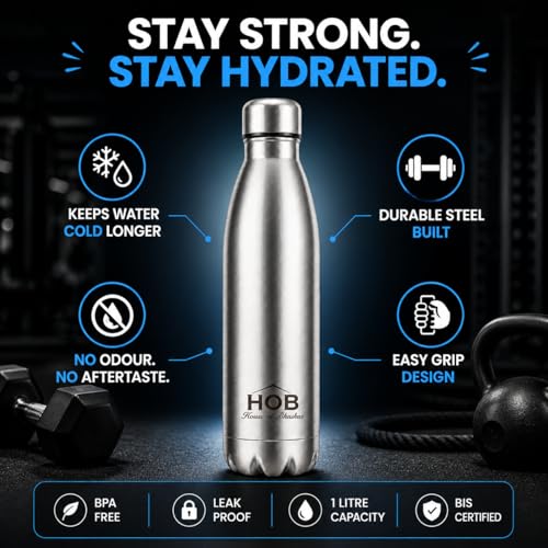 Image of House of Bhaskar Thermosteel Water Bottle 1 Litre | 24 Hours Hot & Cold Insulated Vacuum Flask | Double Wall Stainless Steel, BIS Certified, Leakproof 1000ml for Office, Gym, School, Travel