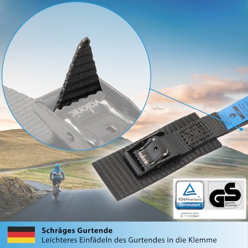 valonic ANT - 4X 35cm Kurze Spanngurte für Fahrradträger, gepolstert, Blaue Fahne, TÜV Rheinl. / GS Zertifiziert, Spanngurt mit Klemmschloss, schwarz - für Dachbox, Fahrrad, Bike, Zurrgurt