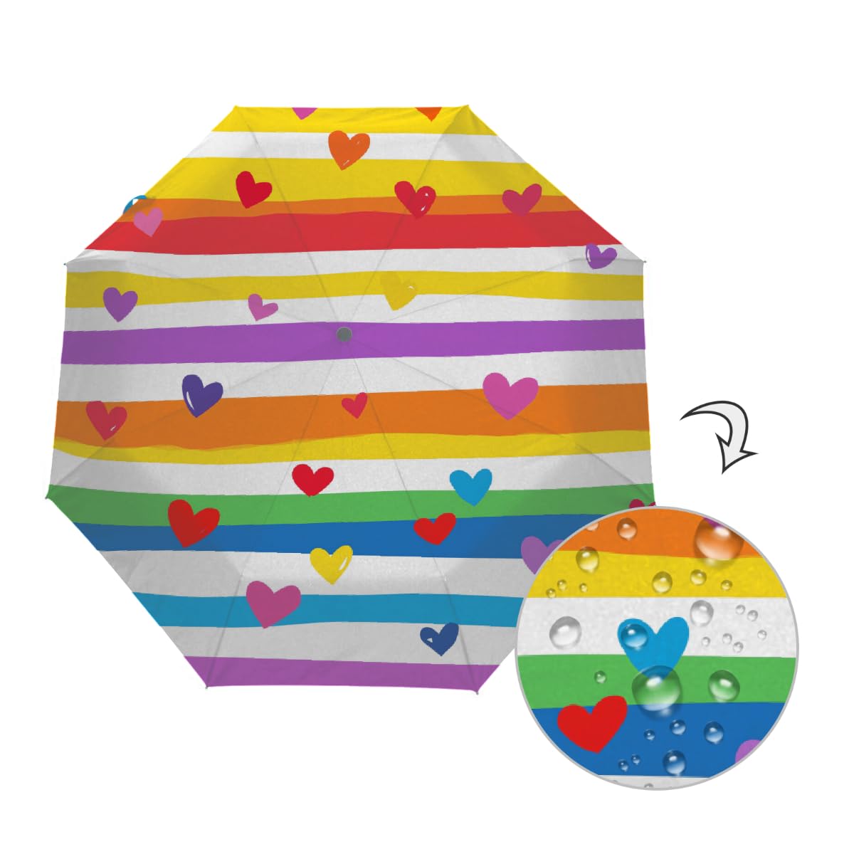 Ombrello pieghevole a righe arcobaleno Love Heart ombrello da viaggio compatto antivento impermeabile con protezione UV rivestimento nero leggero 8 coste portatile per pioggia sole
