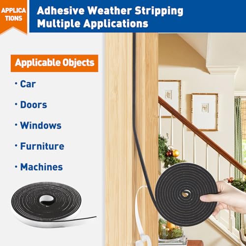 Image of MAGZO Door Weather Stripping, 1 /2 Inch W X 1 /8 Inch T X 198 Ft Total Weatherstripping Foam Tape Soudproof for Windows 16.5 ft X 12 Rolls, Black