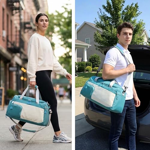 Image of POPCUBE Nylon 50 cms Imported Travel Duffle Bag Multi- Pocket Sports Shoulder Bag for Women with Wet Pocket & Shoe Compartment Weekender Overnight Travel Luggage Bag (50x25x27cm) (Modern, Sky Blue)