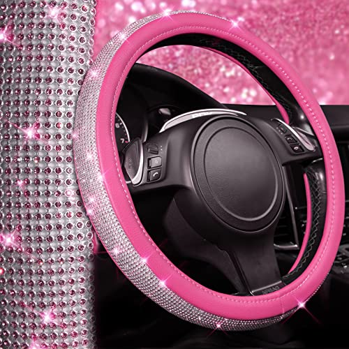CAR PASS Diamond Pink Leather Steering Wheel Cover, with Bling Crystal Rhinestones Universal Fit 14" 1/2-15" Crystal Glitter for Women Sparkle Girl Fit Suvs,Vans,Sedans,Cars,Trucks, Pink Diamond by CAR PASS - Image 5