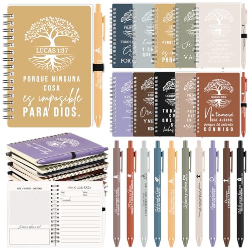 Kosiz 60 Pcs Spanish Christian Spiral Notebooks with Pens, Tree Life Bible Verse Quote A6 Journal, Religious Inspirational Gift for Bible Study Group, Church(Special Style,Neutral Color)