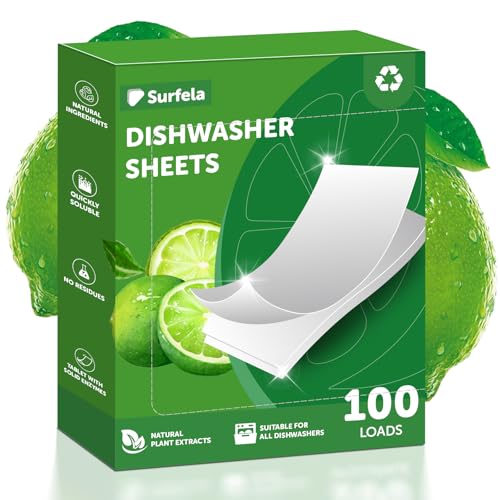 Surfela Dishwasher Sheets - 100 Loads, Eco Friendly Dishwasher Tablets, Biodegradable & Plastic-Free & Sustainable, Powerful Cleaning with Protease Enzymes Against Protein & Grease, Lemon Scent