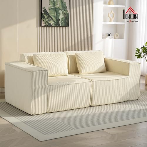 HOMCOM Canapé 3 Places en Velours côtelé, canapé Salon Moderne avec Assise rembourrée, Mousse Haute densité, Larges accoudoirs, 2 Coussins, livré entièrement compressé sans Montage, 202 cm, Beige – Image 3