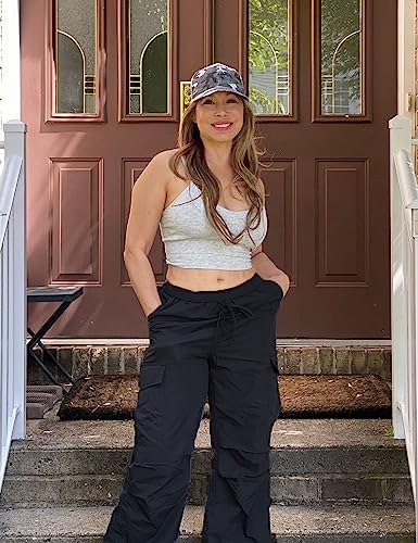 Clearflower Drawstring Cargo Pants For Women Parachute High Waist Lightweight Y2K Loose Pants With Pockets Black S #TOP1