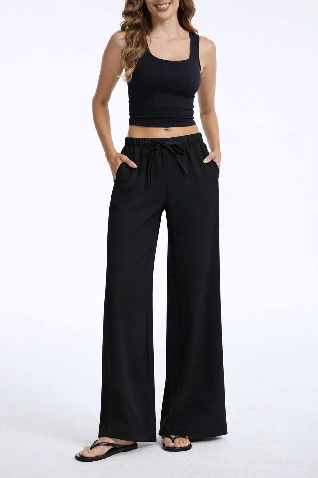 AnotherChill Women's Crepe Wide Leg Pants Casual Wrinkle Resistant Breathable Lightweight Trousers for Spring Summer — view 2