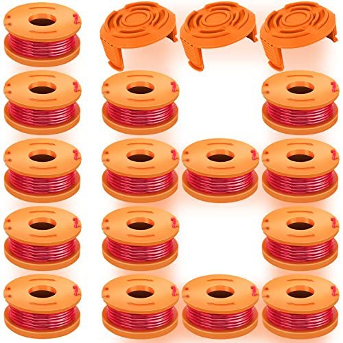 18 Pcs WA0010 Replacement Trimmer Spool for Worx,0.065 Inch Diameter Trimmer String Weed Eater Refils and WA6531 Spool Cap Covers Compatible with Worx Weed Eater(15 Trimmer Lines+3 Spool Caps)