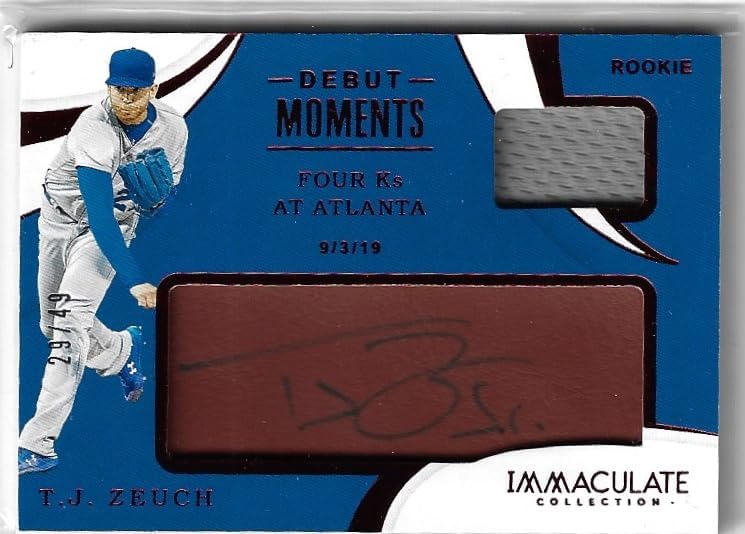T.J. Zeuch Autographed & Serial Numbered #29/49 Debut Moments Red Parallel Relic Jersey Memorabilia Game Used Immaculate Collection Special Insert Collectible Baseball Card - 2020 Panini Immacualte Collection Baseball Card #DM-TZ (Blue Jays)