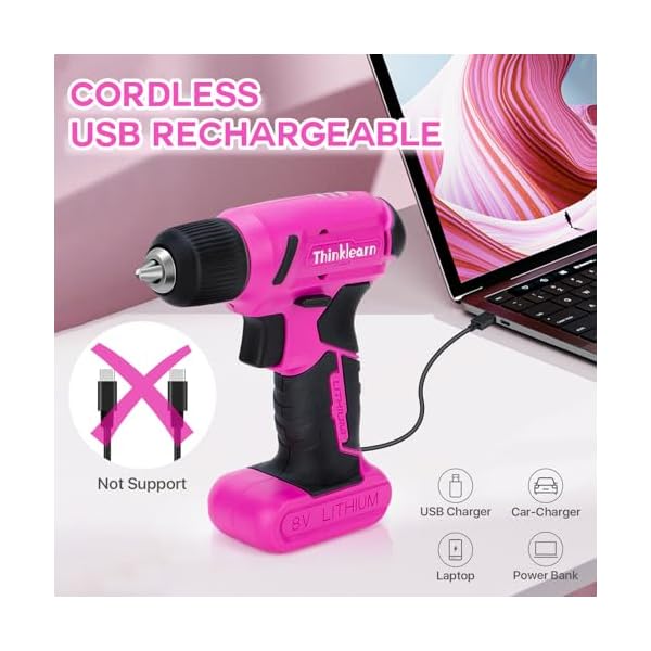 64PCS Pink Tool Set with Cordless Drill, 8V Power Drill and Pink Tool Kit for Women, 3/8"Keyless Chuck Electric Screwdriver Driver Kit for Home DIY and Repair, USB Charger and Storage Box Included - Image 5