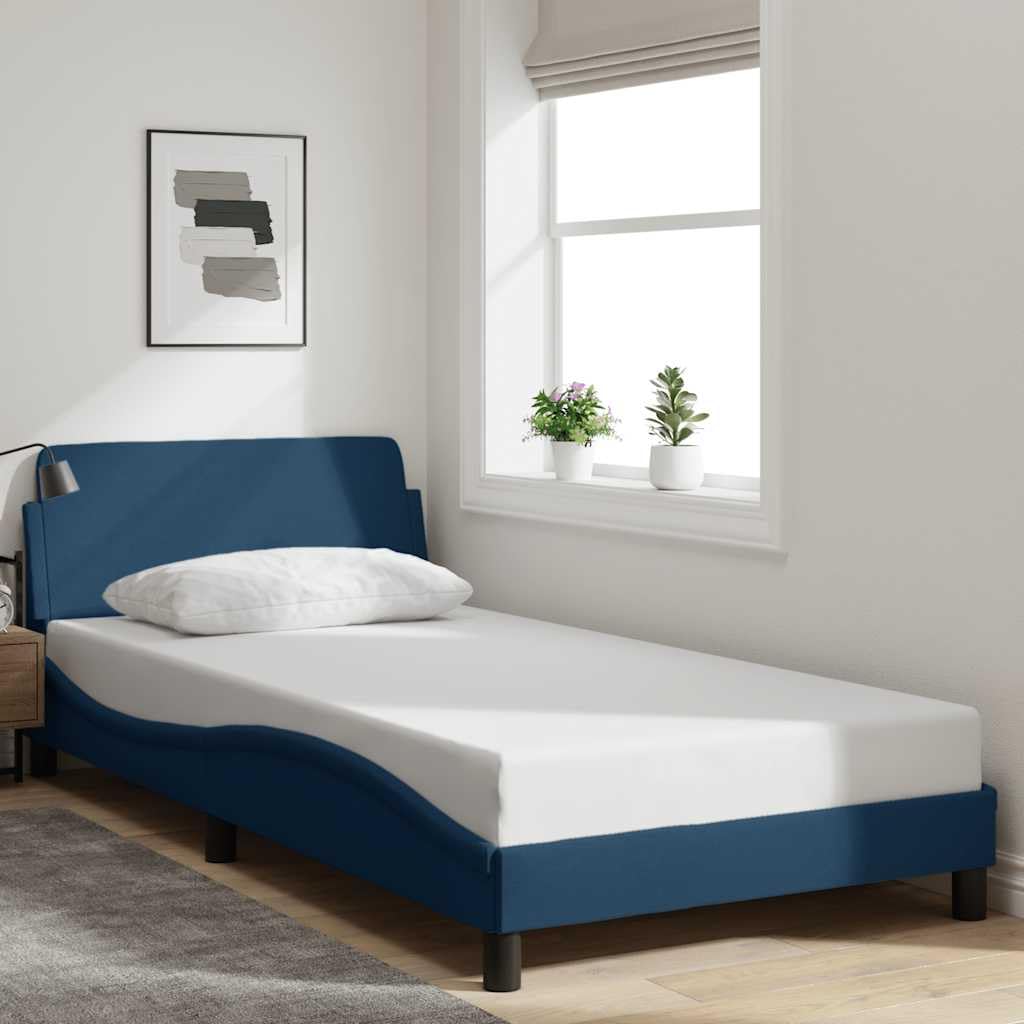 Dover Betten - Letto singolo 100 x 200 cm, colore blu, telaio in tessuto, testiera in metallo, rete a doghe, design moderno a onde per camera dei ragazzi, camera da letto, camera degli ospiti