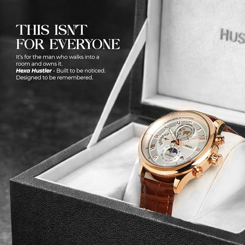 Image of HEXA Hustler Automatic Mechanical Watch for Men | Multifunction Analog Dial | Leather Strap | 45 mm Round Case | Mineral Glass | 3ATM Water Resistant Luxury Watch