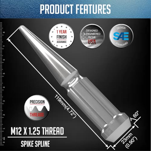 Image of Wheel Accessories Parts 24 Pcs M12x1.25 12x1.25 Thread Spike Spline 4.40 inch Long Lug Nuts Chrome 7 /8 inch & 13 /16 inch Hex Fits Nissan Titan (Non XD) with Aftermarket Wheels
