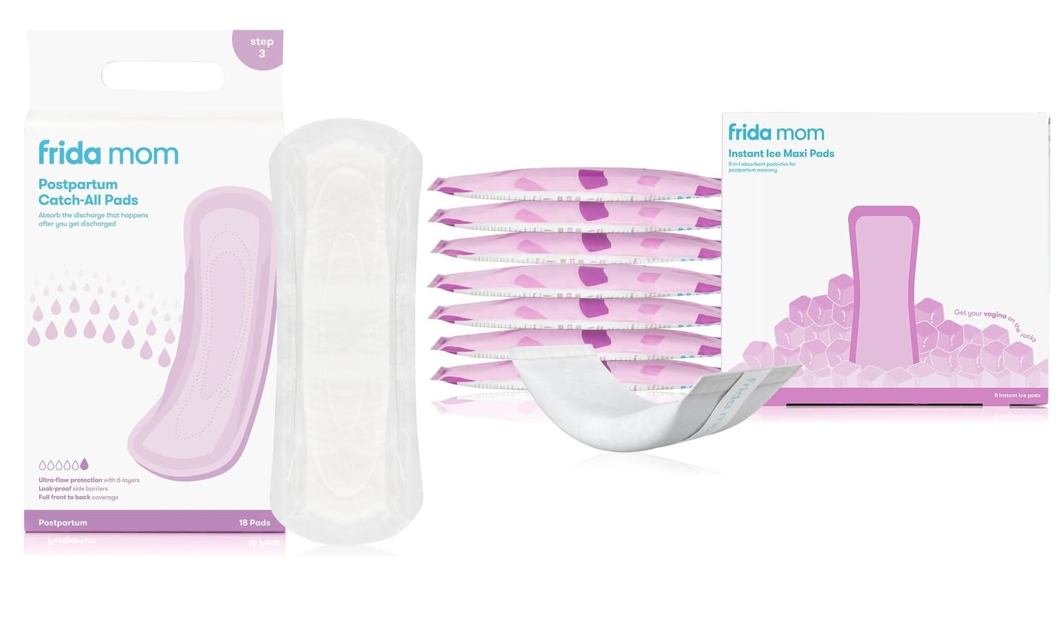 Frida Mom 2-in-1 Postpartum Cold Ice Pads (8ct) + Frida Mom Postpartum Pads, Leak Proof Feminine Care Maxi Pads (18ct)| Postpartum Essentials