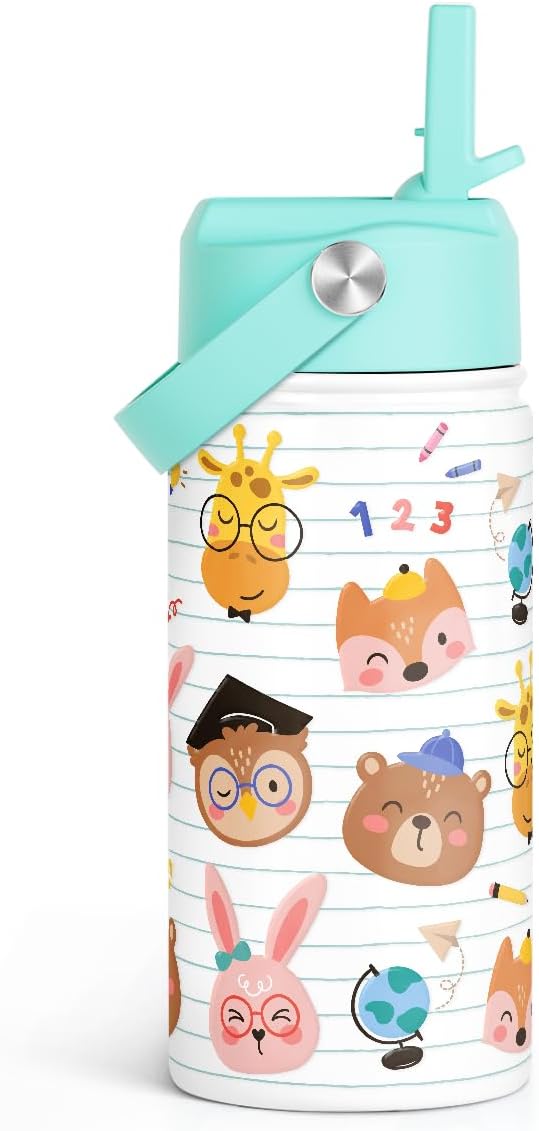 SANDJEST Animal Kids Water Bottle with Straw Lid 12oz Insulated Stainless Steel, Travel Tumbler, Gifts for Girls, Birthday, Christmas, Back to School
