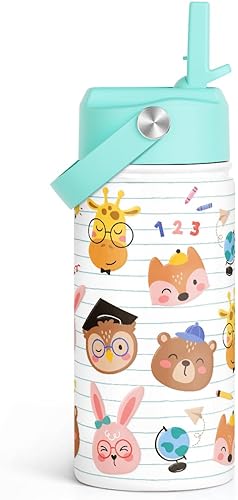 Miniatura 42 de SANDJEST Botella de agua para niños con tapa con pajilla, paquete de 2 botellas de agua aisladas de acero inoxidable de 12 onzas para niñas, taza de