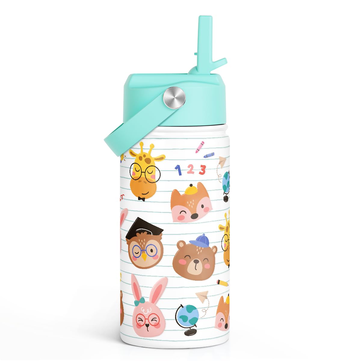 SANDJEST Animal Kids Water Bottle with Straw Lid 12oz Insulated Stainless Steel, Travel Tumbler, Gifts for Girls, Birthday, Christmas, Back to School