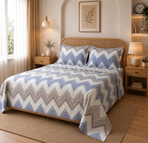 Image of HOMEKART Glace Cotton 160 TC Football Zigzag Double Bedsheet with 2 King Size Pillow Covers | Soft & Durable | 86 x 88Inches (Sky Blue & Grey)