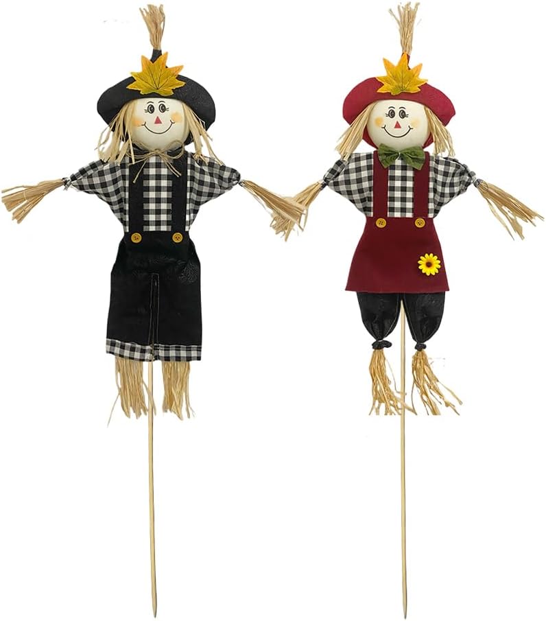 Stuffed Scarecrows Decor, 110CM Fall Harvest Decoration for Autumn, Large Size 43.5 Inch Mr Mrs Scarecrow Gift for Halloween Thanksgiving, Bird Porch Away Decors for Outdoor, Black and Red