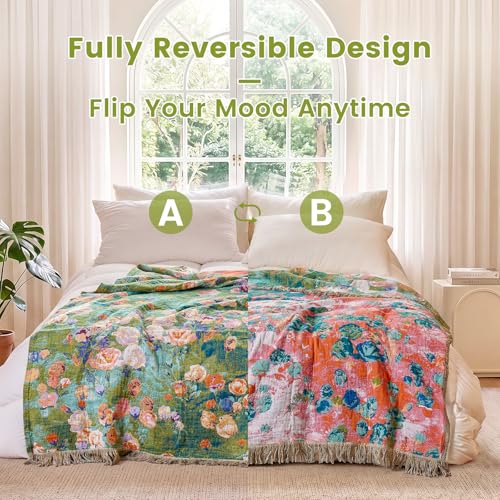 Image of MSGKV Boho Throw Blanket 50 inchx60 inch Cotton Floral Muslin Blanket for Sofa