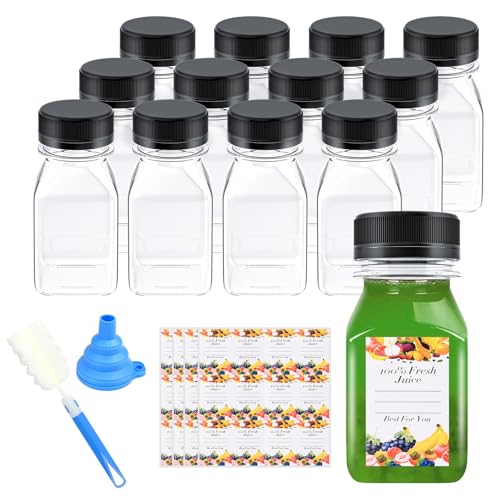 24pcs 4oz Bottles with Caps - Empty Juice Containers for Juicing, Reusable Plastic Juice Bottles with Labels, Small Clear Drink Bottles, Funnel and Brush for Milk, Ginger Shots and More
