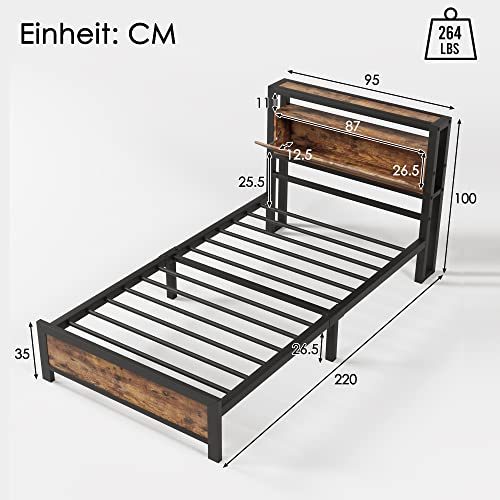 Einzelbett 90x200, Metallbett mit Stauraum-Kopfteil und Metall Lattenrost, Jugendbett Kinderbett, Funktionsbett, Bettgestell aus Metall, Industrielles Bett Bettrahmen, ohne Matratze, Schwarz – Bild 7