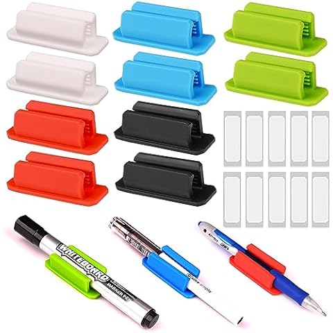 HUAKENER 10 Pack Pen Holder Silicone, Adhesive Pen Holder, Single Pen Holder with 10 Extra Adhesive for Office Desk Accessories Teacher Supplies Bulletin Board Clipboards (Multicolour) Cover