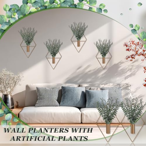 Image of Jexine Hanging Planters with Artificial Eucalyptus Metal Hanging Vase Indoor Plants Holder Modern Geometric Boho Bathroom Wall Decor for Living Room Home Office (Bronze,8 Pcs)