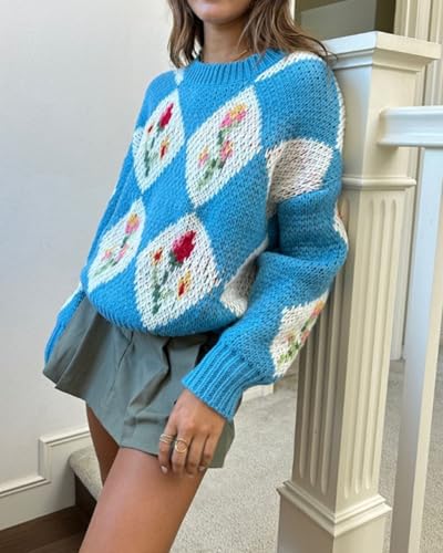 Image of ZAFUL Floral Sweaters for Women Trendy Crew Neck Long Sleeves Knitted Pullover Boho Sweater Chunky Knit Tops