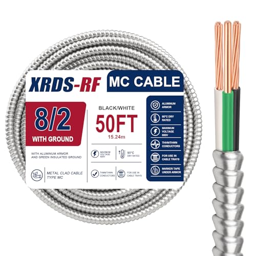 XRDS -RF 8 AWG/2 Metal Clad (MC) Armor Cable with Ground, 50FT Stranded Copper Conductors with Solid Green Ground, Aluminum Armor, THHN/THWN 8/2 Electrical Wire