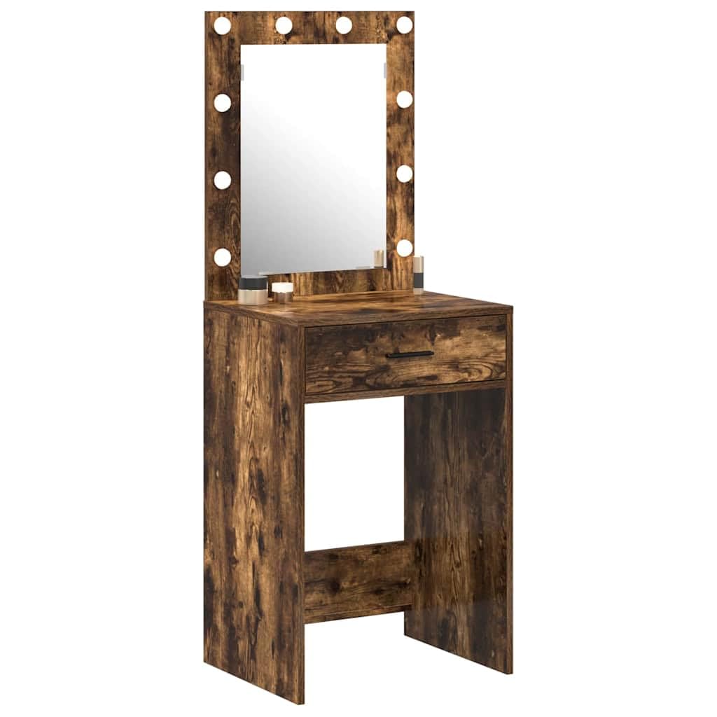 Tavolo da trucco rovere fumé con luce LED, specchio piano e 2 cassetti, mobiletto salvaspazio per camera da letto, scrivania consolle per make up e organizzatore cosmetici