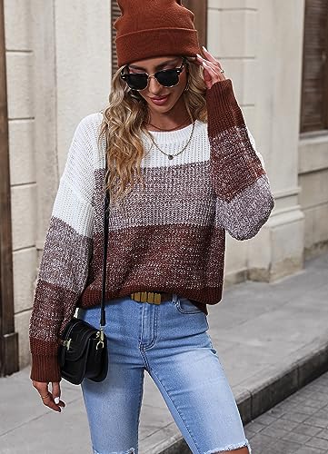Women's Striped Color Block Sweater Long Sleeve Crewneck Casual Loose Fit Soft Knit Sweater Pullover Tops2