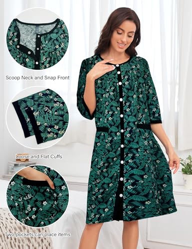 Image of Bloggerlove House Dress Women Cotton Snap Front Nightgown 3 /4 Sleeve Housecoat Duster Robe with Pockets Moomoo Patio Dress