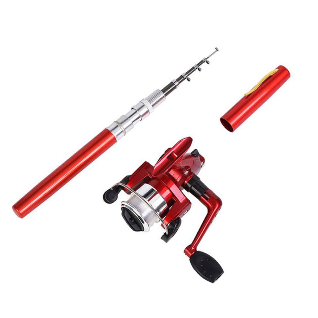 Mini-Angelrute, Stift-Angelrute mit Rolle, Mini-Stange, rotierendes Angelrad für Outdoor-Angelzubehör, Taschen-Angelrute, Rot, 2 Stück