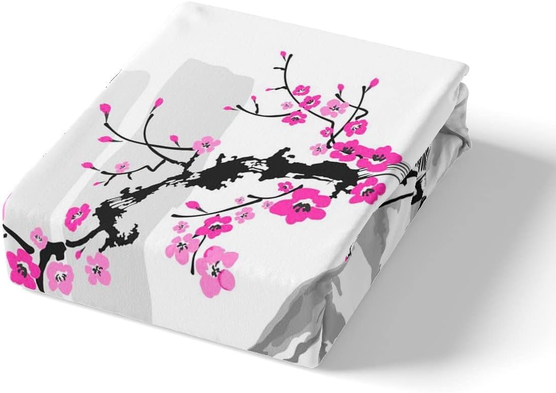 Homemissing Monte Fuji de Japón Funda nórdica 220x240cm Rosa Sakura Juego de cama Estilo Japonés Conjunto de ropa de cama Pintura de montaña con tinta Decoración de cama exótica Sakura Acuarela