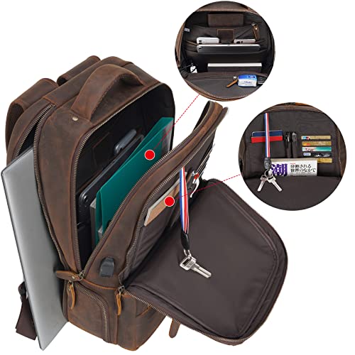 Masa Kawa Full Grain Leather 15.6” Laptop Backpack For Men Vintage Large Travel Rucksack Bag School Bookbag Daypack #TOP4