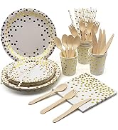 HNH Set Stoviglie Per Feste 81 Pezzi Bianco Con Lamina Oro – Piatti, Tovaglioli, Bicchieri E Tovaglia – Per 20 Persone