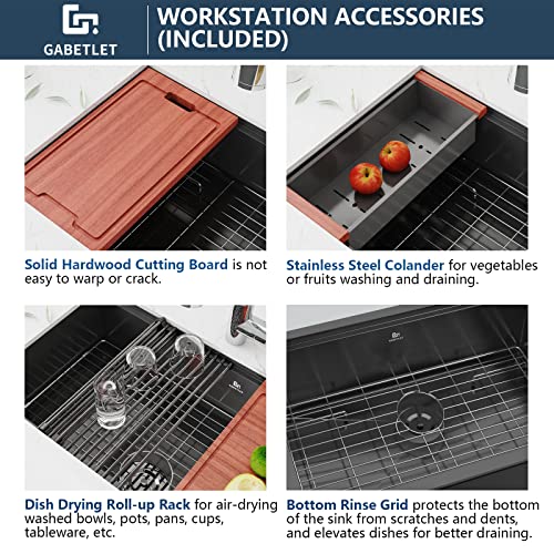 30-Inch Undermount Workstation Kitchen Sink, Gabetlet 16 Gauge Stainless Steel Kitchen Sink With Nano Coating & Brushed Finish, Matte Black Single Bowl Deep Kitchen Sink With Ledge And Accessories #TOP4