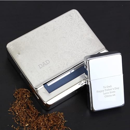 Custom Personalised Tobacco Rolling Tin and Silver Lighter Set. Ideal for Fathers Day, Christmas and Birthdays.