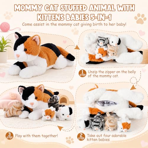 Image of Skylety 5 Pieces Cat Stuffed Animal with Babies Inside Belly Plush Cat Pregnant Mommy Kitty with 4 Cute Fluffy Stuffed Kittens Christmas Birthday Surprise Gifts(White, Yellow, Black)