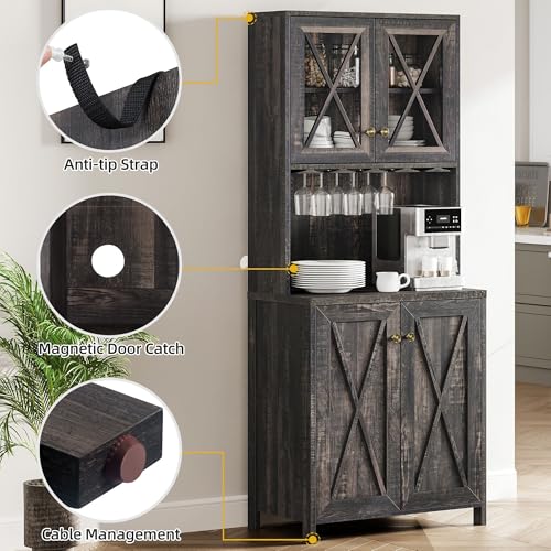 DWVO 67" Wine Bar Cabinet with Glass Doors & Wine Rack, Farmhouse Coffee Bar Cabinets with Open Shelves, Freestanding Storage for Living & Dining Room, Dark Rustic Oak